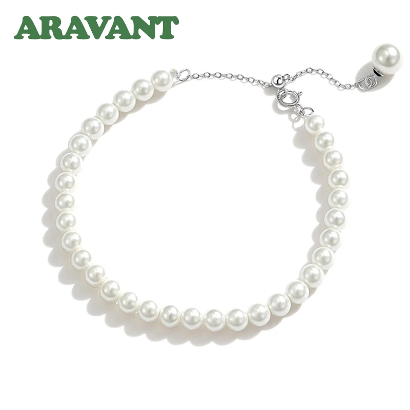 

925 Silver 8MM Pearl Charm Bracelet For Women Wedding Jewelry