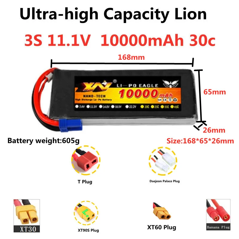 

1pcs Ultra-high Capacity Battery 11.1V 10000mAh 3S 30C T Plug XT60 Plug Banana plug For Boat RC Truck Rc Car Battery Spare