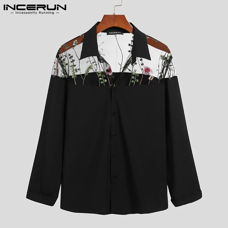 Fashion Men Shirt Mesh Patchwork 2023 See Through Lapel Long Sleeve Party Nightclub Shirts Embroidered Streetwear Camisa INCERUN