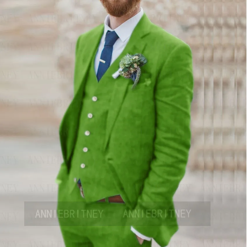 

Tailored Green Linen Wedding Groom Suit Set Men Jacket Vest Pants 3 Pieces Slim Fit 2021 Formal Marriage Beach Tuxedos for Men