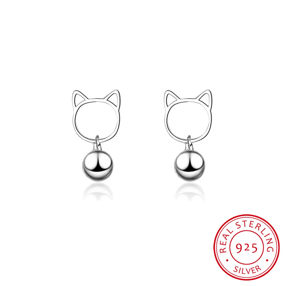 

New Cute Fashion 925 Sterling Silver Cat Jingling Bell Earrings For Women Christmas Gift S-E674