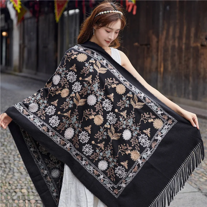 Ultra Long Scarf Wrap Women Pashmina With Tassels Embroidery Flower Echarpes Chal Artificial Cashmere Cape Mujer Bufanda