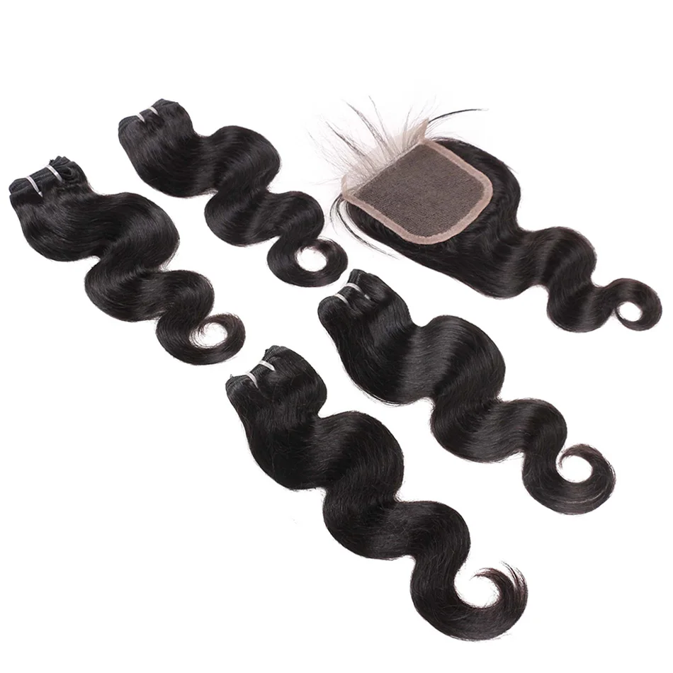 Brazilian Body Wave Bundles With Closure Natural Remy 50g 4 Bundles Body Wave Human Hair With Transparent Lace Closure