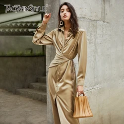 TWOTWINSTYLE Irregular Tunic Shirt Dress For Women Lapel Long Sleeve High Waist Lace Up Midi Dresses Female Fashion 2020 Fall