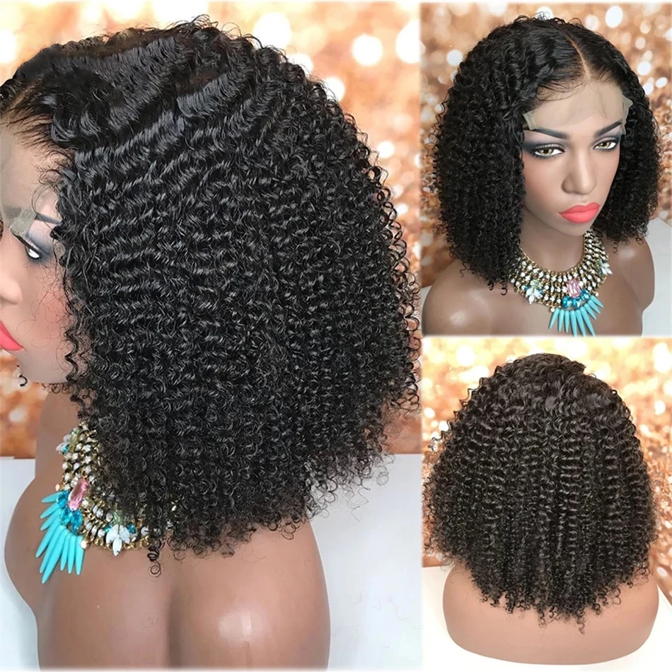 Short Curly Bob Wigs Afro Kinky Curly perruque cheveux humain For Black Women Brazilia T Lace Front Wig PrePlucked Pixie Cut