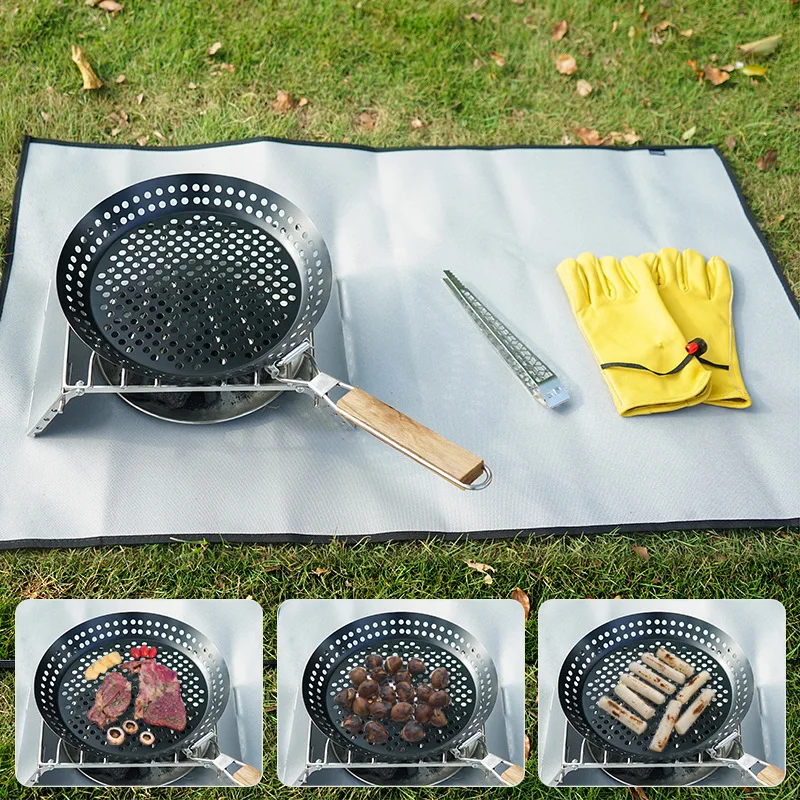 Grill Pan Picnic Pizza Kitchen Tool Multifunctional Non Stick Baking BBQ Frying Portable Seafood Round Perforated Folding Handle