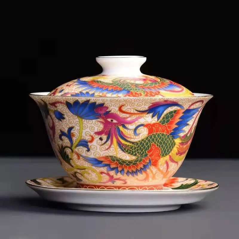 

Porcelain enamel bowl with cover and phoenix single large braised three CAI tea bowl Chinese ancient kung Fu tea set home tea in