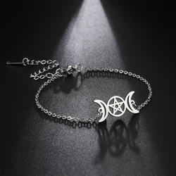 Triple Moon Goddess Bracelets for Men Women Stainless Steel Pentagram Wicca Charm Bracelets Magic Pentacle Witch Jewelry Gift