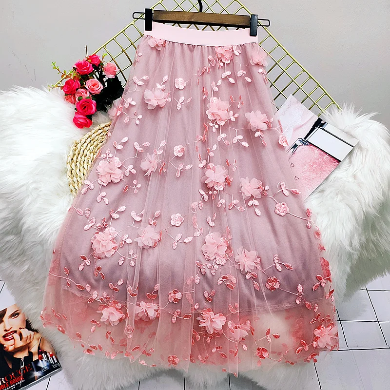 

Spring and autumn Women Skirts Embroidery Floweral Mesh Pleated Skirt 2021 3 Layers Long Tulle Tutu Skirt Jupe Longue