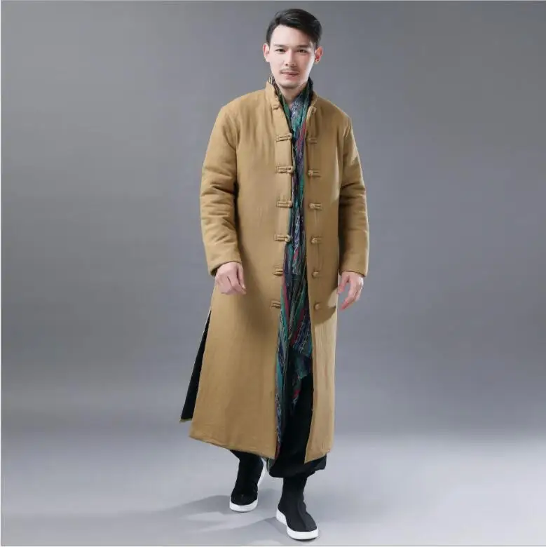 Winter lengthened cotton Long clothes Chinese retro National Style Men cotton padded Robe solid color leisure stand collar Robe