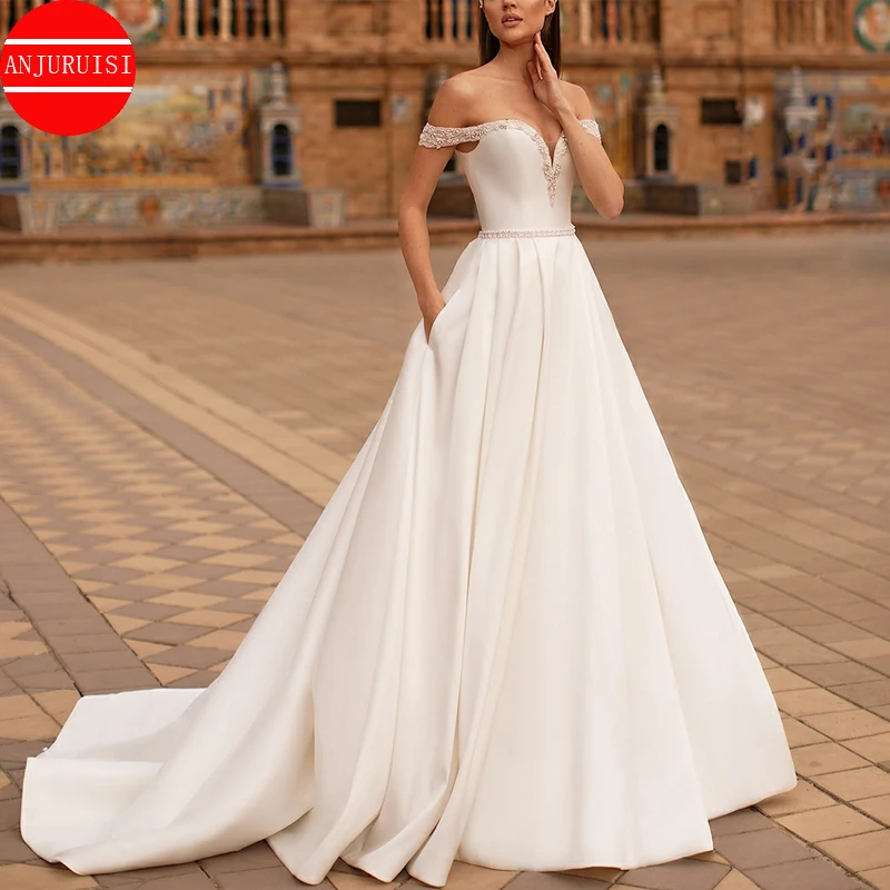 

Off The Shoulder Wedding Dress A Line Satin Vestido De Novia 2022 Elegant Beaded Bride Gown Simple Robe Mariage Boda Trouwjurk