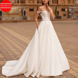 Off The Shoulder Wedding Dress A Line Satin Vestido De Novia 2022 Elegant Beaded Bride Gown Simple Robe Mariage Boda Trouwjurk