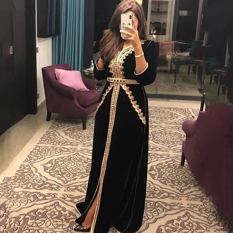 Black Moroccan Kaftan Caftan Muslim Evening Dresses A-line 3/4 Sleeves Velvet Appliques Dubai Arabic Turkey Abaya Islamic Gown