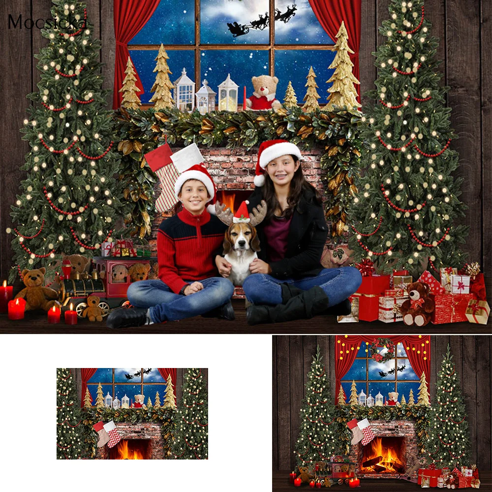 

Winter Fireplace Wall Portrait Background Studio Christmas Tree Window Moon Santa Claus Backdrop Kids Family Cake Smash Photo