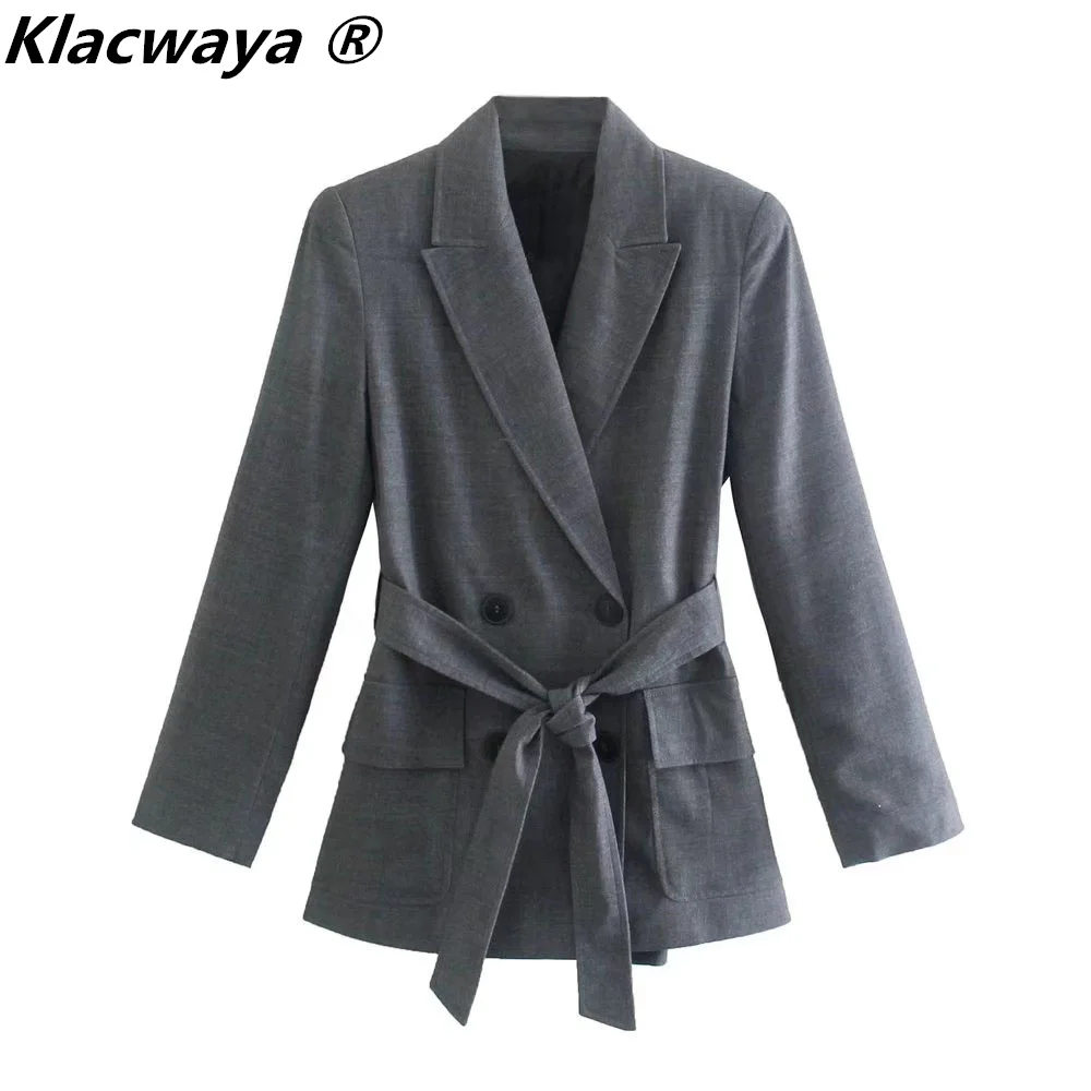 Klacwaya frauen Anzug Set Frau 2 Stück Vintage Schärpen Blazer Weibliche Elegante Hosen Und Jacke Herbst Büro Dame Hosen anzüge