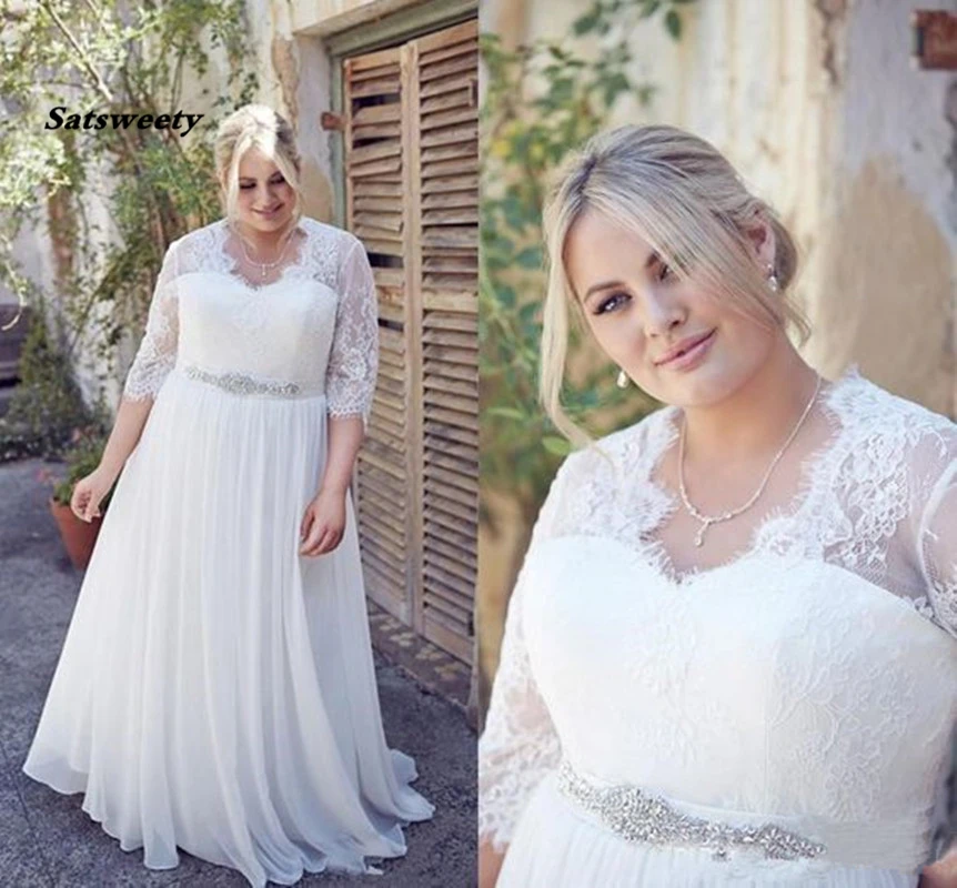 Plus Size Wedding Dresses With Crystals Sash Half Sleeve Vestidos De Novia Boho Chiffon Bridal Gown
