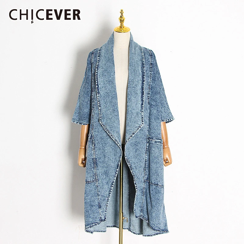 CHICEVER Blue Denim Trench For Women Lapel Batwing Three Quarter Sleeve Loose Big Size Windbreakers Female 2024 Autumn Clothing