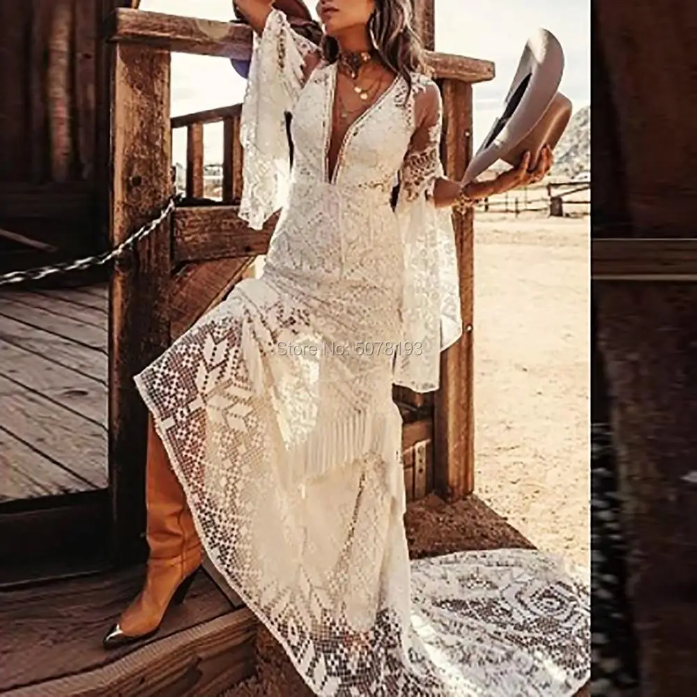 2019 Fashion White V-Neck Natural Long Sleeve Mermaid/Trumpet Lace/Tulle Wedding Dresses/Women Gowns Pattern Train Free Shipping