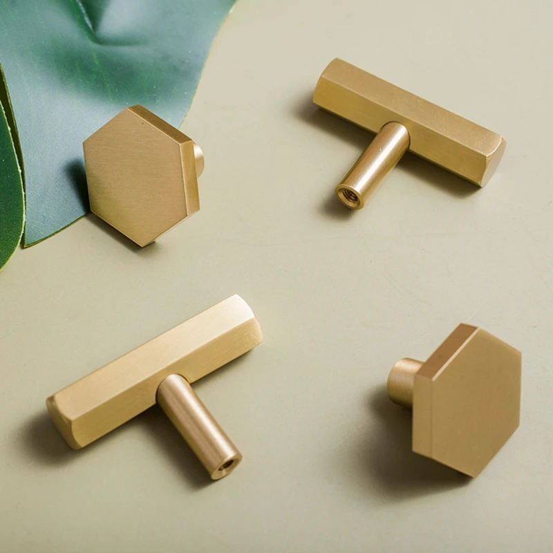 Hexagon Brushed Brass Kitchen Cabinet Knobs Handles Gold Drawer Dresser Cupboard Furniture Door Pulls Modern-1Pack