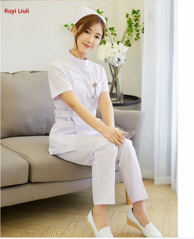 Nurses wear a white suit with long sleeves, short collar and short neck, doctor\'s white coat work clothes female