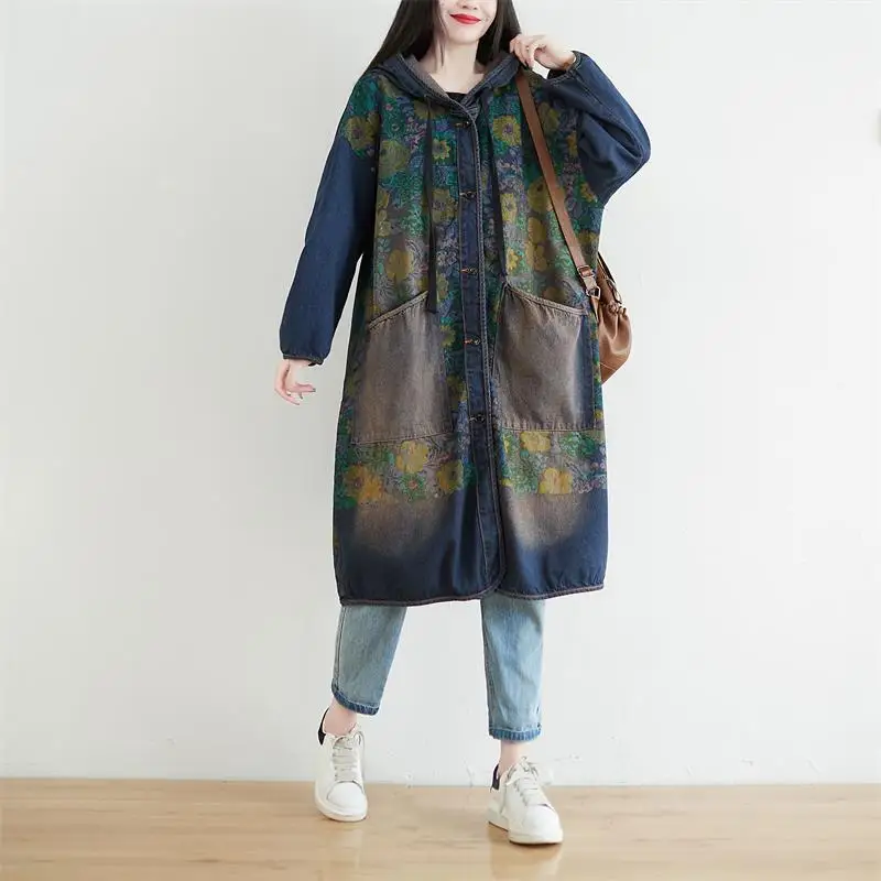 Female new autumn Retro literary plus size hooded outerwear washed single-breasted M-long slim casual loose denim trench