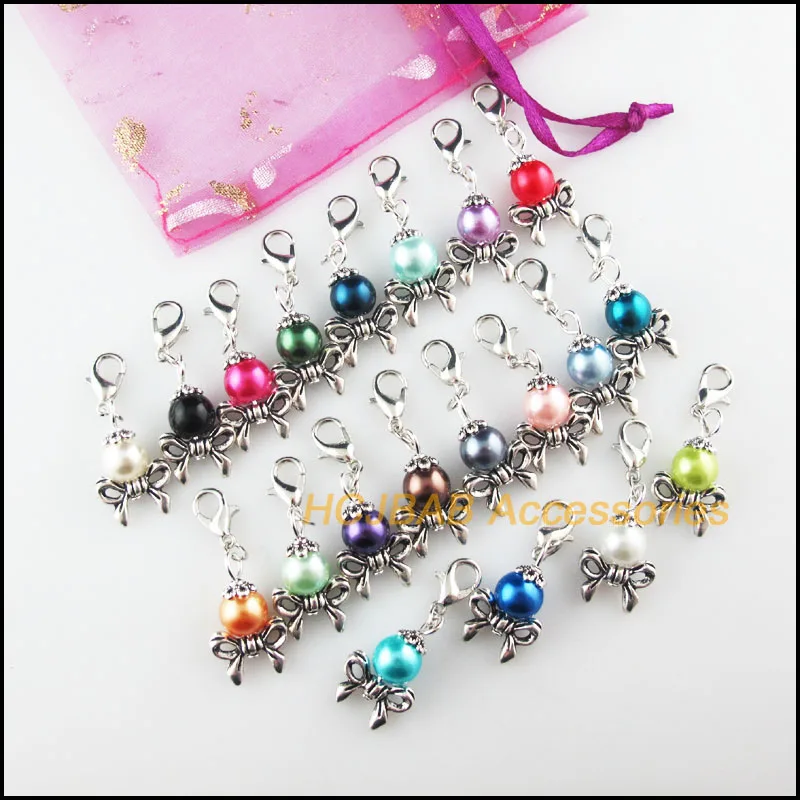 20Pcs Tibetan Silver Tone Knot Retro Mixed Ball Glass 14x23mm With Lobster Claw Clasps Charms