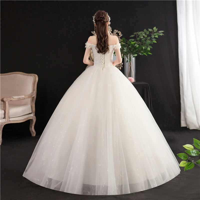 New Vestidos de Novia Sexy Off Shoulder Wedding Dress Sleeve Lace Embroidery Flowers Ball Gown Princess Plus Szie Bridal Dress