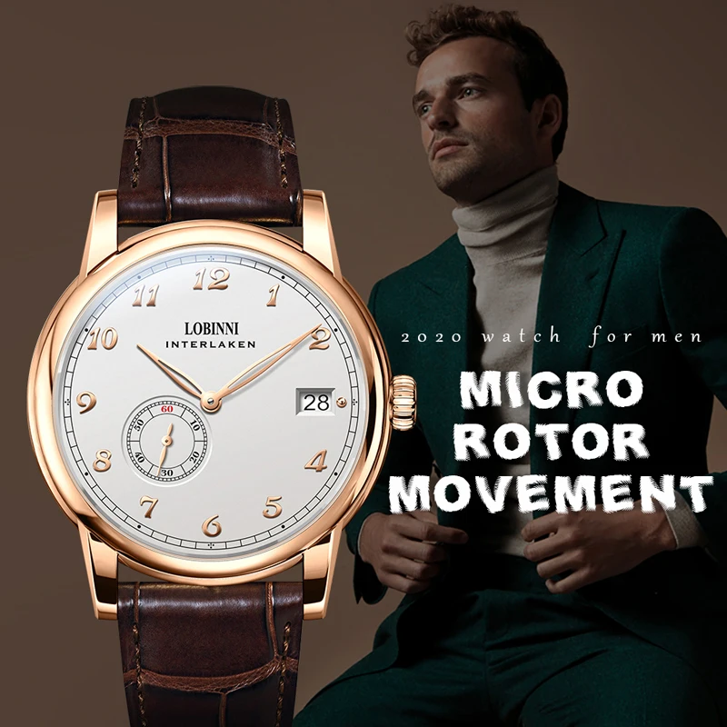 LOBINNI فاخر رقيقة جدا الرجال التلقائي Menchical الساعات الياقوت الزجاج مقاوم للماء 50 متر ساعة يد رجالي مع التاريخ
