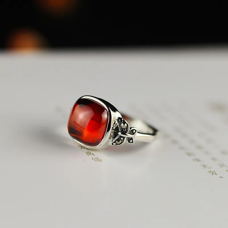 Безотворные квадратные кольца с натуральными драгоценными камнями для женщин, тайское серебро, марказит, бабочка, открытое кольцо, твердое серебро 925, ювелирные изделия с насекомыми R839