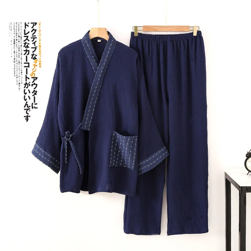 Ternos masculinos kimono para casa, calças de manga comprida, pijamas para outono e primavera, pijamas masculinos com design de crepe de algodão