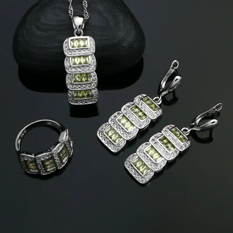 

925 Silver Jewelry Sets For Women Olive Green Cubic Zirconia White Crystal Earrings Ring Necklace Pendant Party Accessories