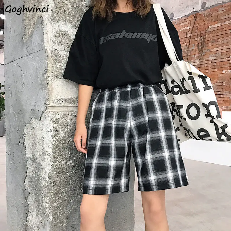 Shorts Women Summer Black Plaid Cotton Loose Korean-style Students Couples Womens All-match Knee-length Trendy Ins Vintage Chic