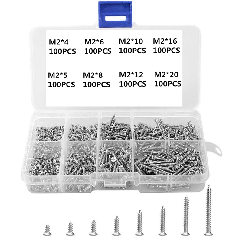 800pcs/set 304 Stainless Steel Cross Countersunk Head Self-tapping Small Screw Set Self-tapping Screw Flat Head Screw