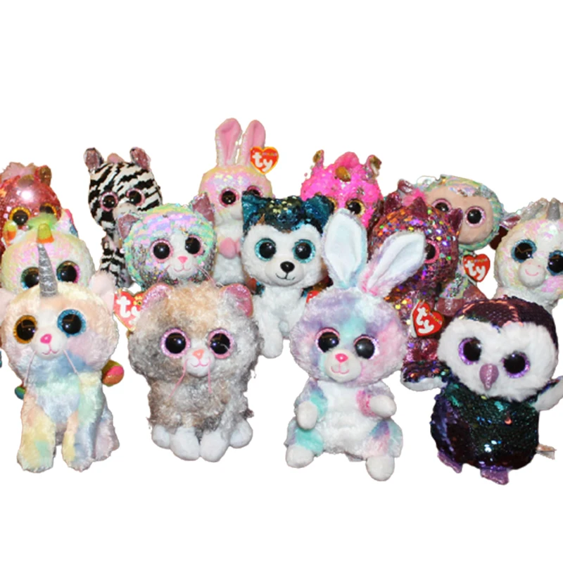 

Ty Beanie Boos Big Eyes Two-color Sequins Shiny Cute Owl Unicorn Cat Poodle Dinosaur Leopard Deer Children's Plush Toy Gift 15cm