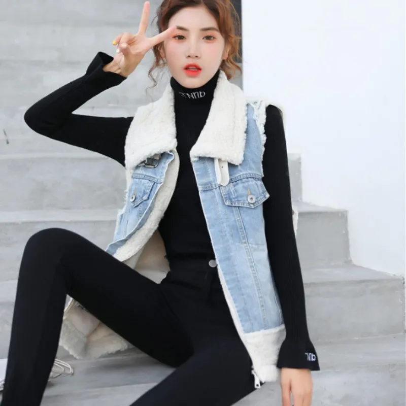 Winter Frauen Futter Dicke Warme Ärmellose Jacke Patchwork Denim Casual Streetwear Weste Faux Lamm Pelz Weste Mantel