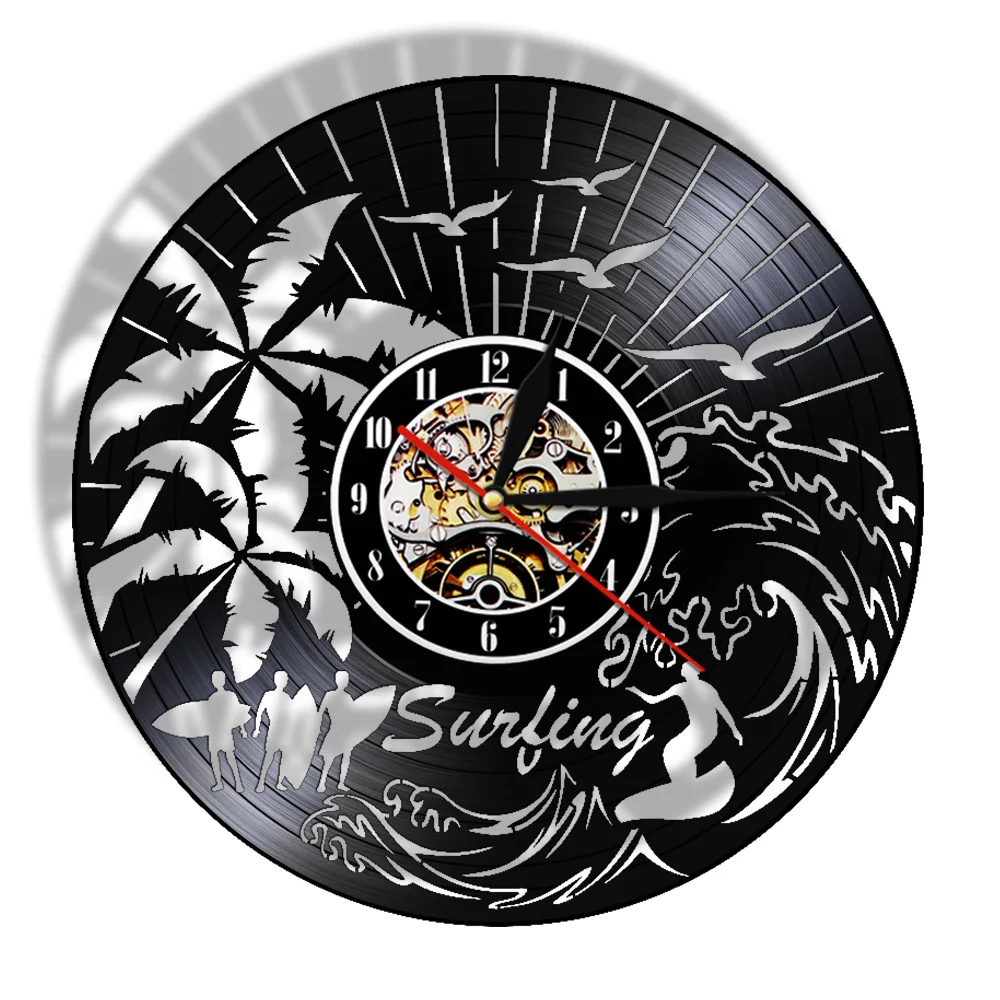 Surfing Hobby Vinyl Record Clock Summer Beach Time Wall Surfwise Surfing Wave Hanging Watch Surfers Extreme Sports Lover Gift