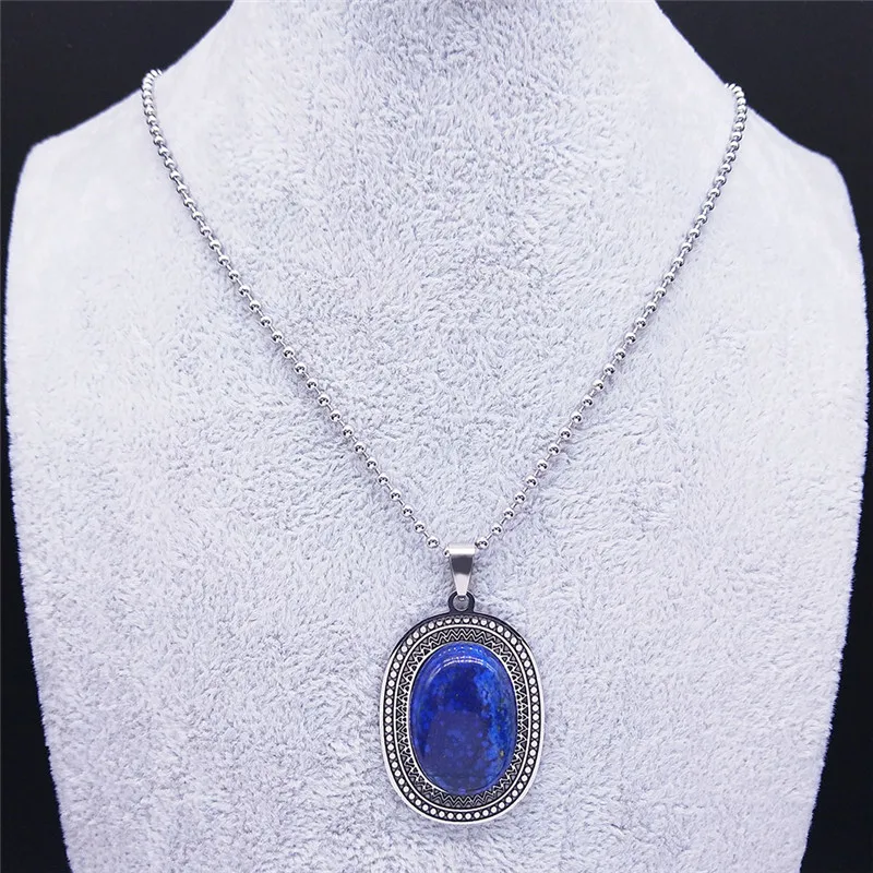 Stainless Steel Natural Stone Lapis Lazuli Big Long Bohemia Charm Necklaces for Women/Men Silver Color Jewelry bijoux N2737S04