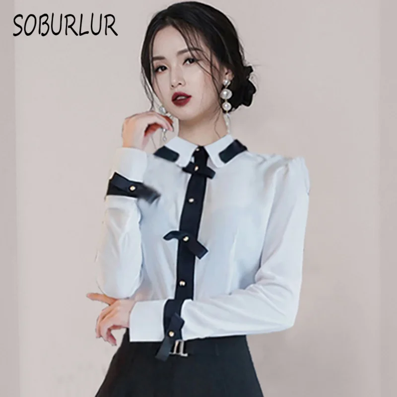 

SOBURLUR 2022 New White Shirts Long Sleeve Women's Blouses Preppy Style Korean Fashion OL Crop Top Woman Clothing Blousas Tunics