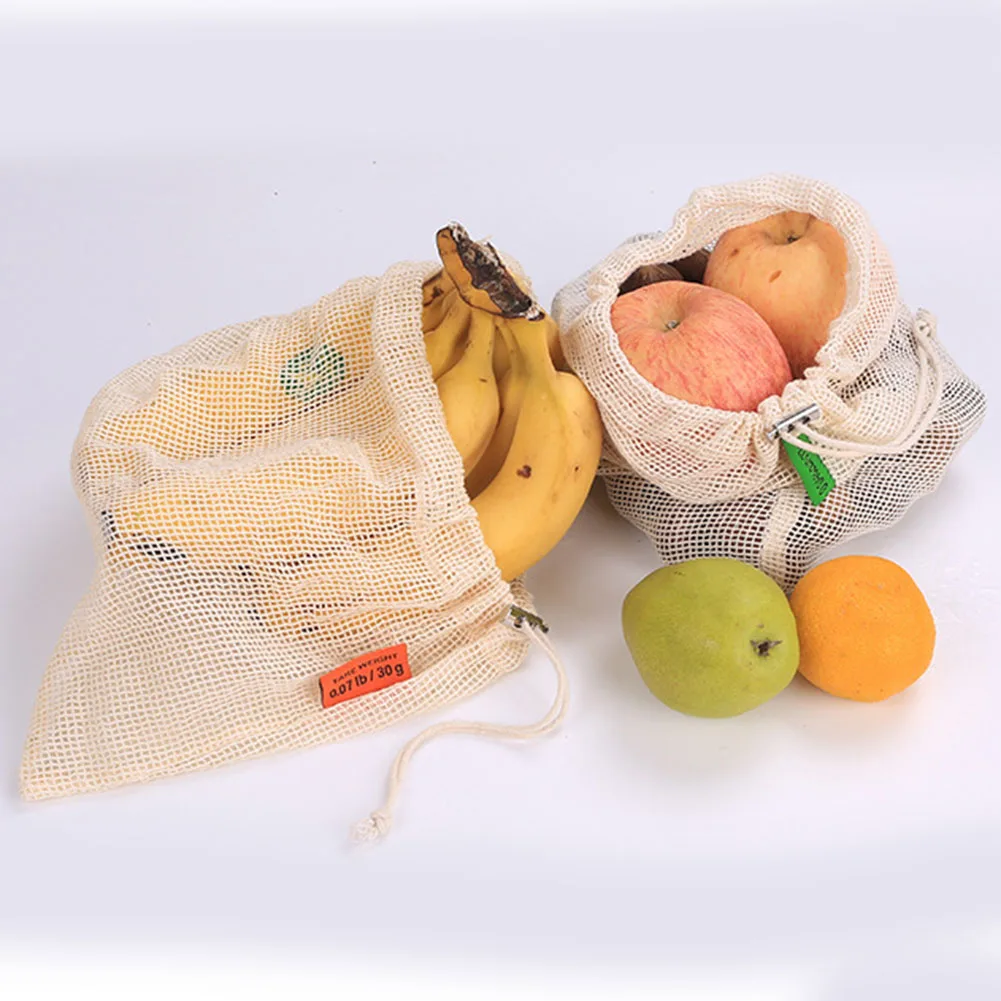 Bolsas reutilizables para frutas y verduras, malla lavable con cordón, gran oferta, 2019