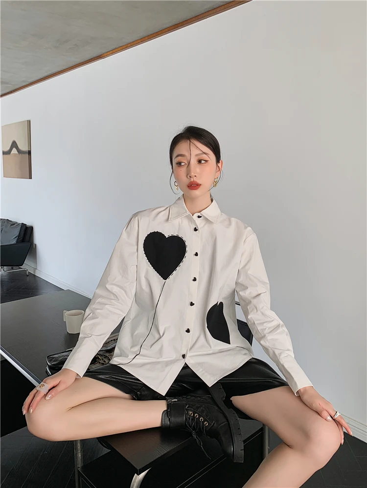 CHEERART Heart White Button Up Shirt For Women Fall Fashion Long Sleeve Designer Top And Bloues 2021 Collared Shirt Clothing