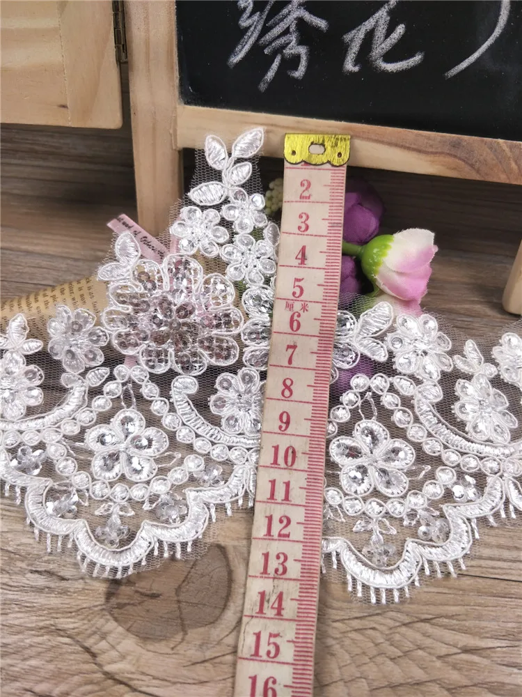 1Yard/13cm White Ivory Sequin Cording Fabric Flower Venise Venice Mesh Lace Trim Applique Sewing Craft for Wedding Dec.