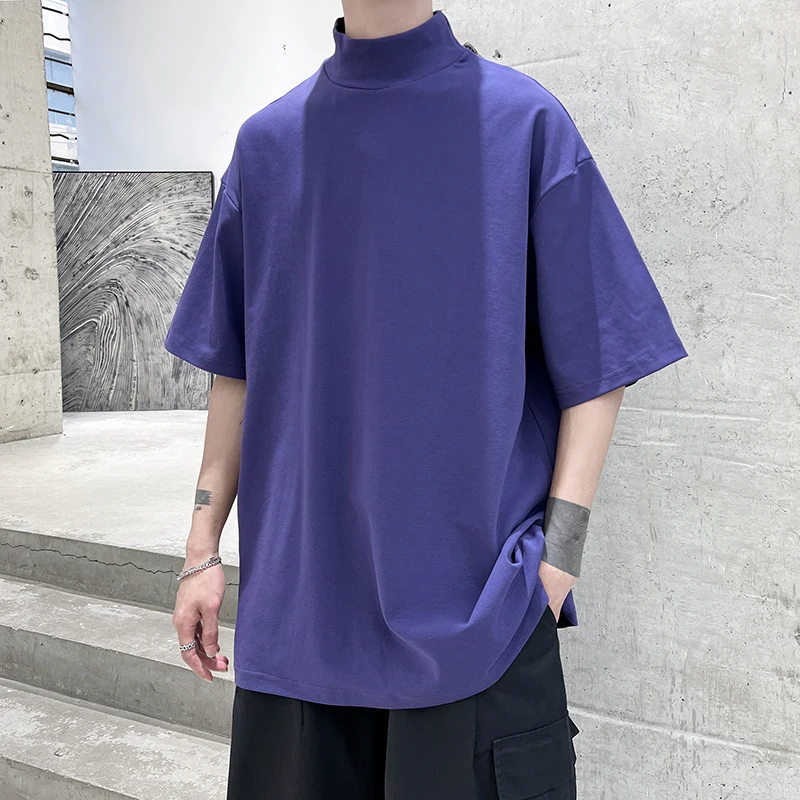 2024 Streetwear Turtleneck Men Tshirt Solid Hip Hop Male Oversized T shirts Man Casual Short Sleeve Top Tees Black/White/Purple