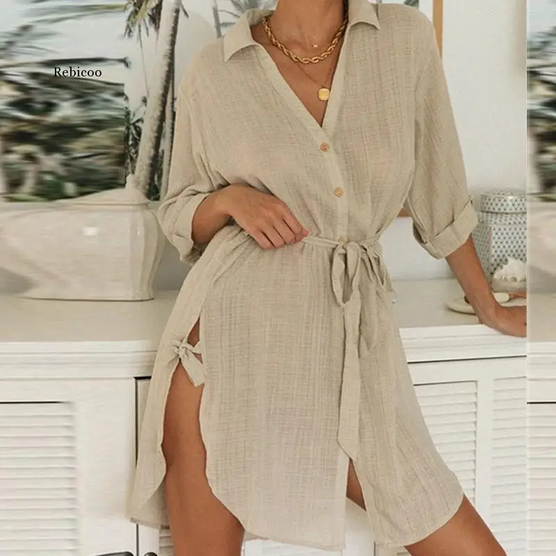 Women Turn-down Collar Shirt Dress Cotton Linen Buttons Elegant Party Dress Spring Long Sleeve Sexy Split A-Line Dresses