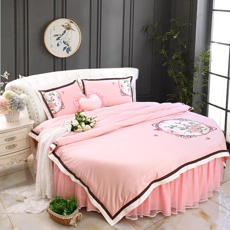 Pink Lace Round Bedding 4pcs Set King Queen Size Brief Morden Ruffle Round Bedskirt Duvet cover Bedsheet Pillowcase set