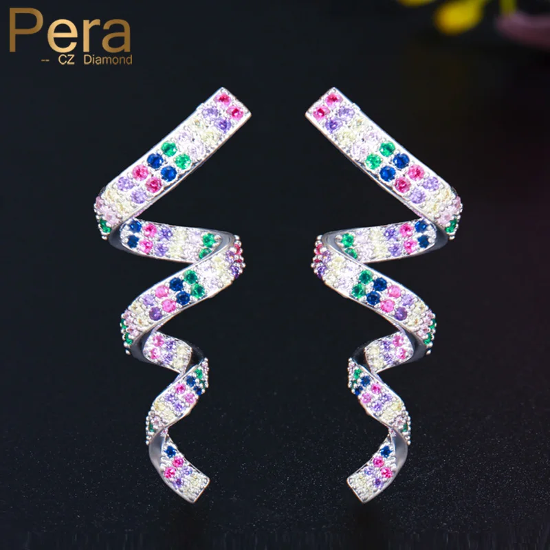 

Pera Elegant Colorful Cubic Zirconia Silver Color Long Ribbons Dangle Drop Earrings for Women Fashion Summer Party Jewelry E622