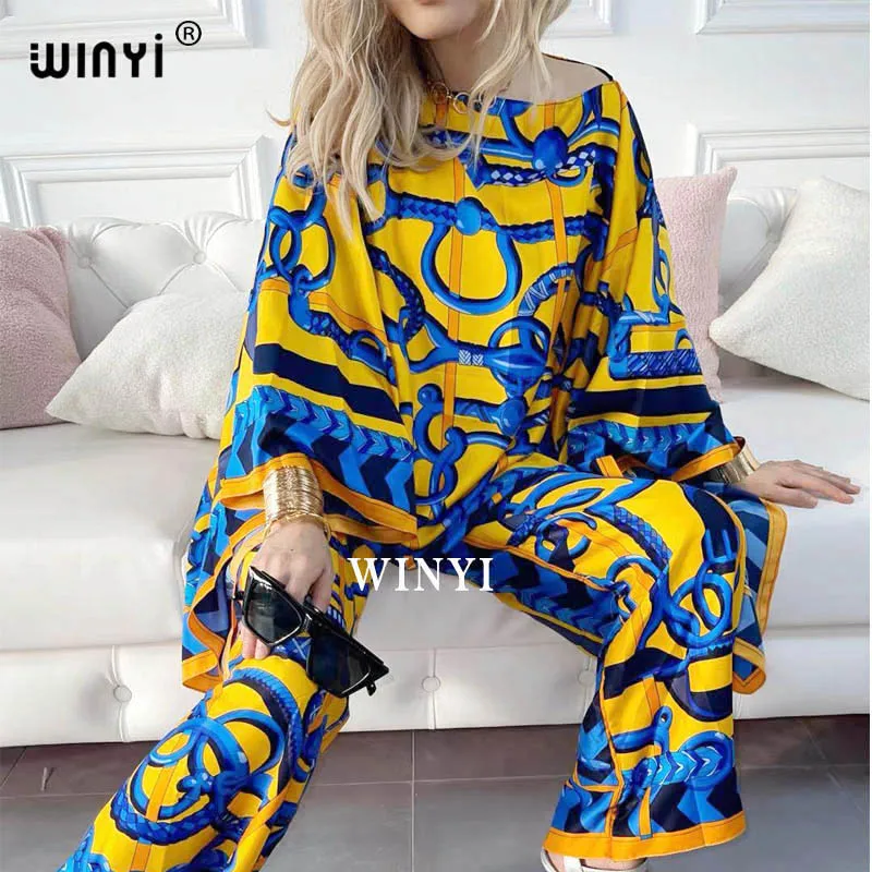 Africa  two-piece suit Bohemian Printed Over Size ONE-neck Batwing Sleeve Dress Women Elastic Silk Floor Length New Fashion Tide