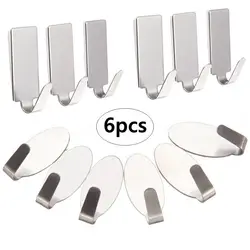 6pcs/pack Wall Hooks Self Adhesive Cloth Hanger Stainless Steel Strong Sticky Bathroom Hardware Kitchen Hook Home Storage Hanger