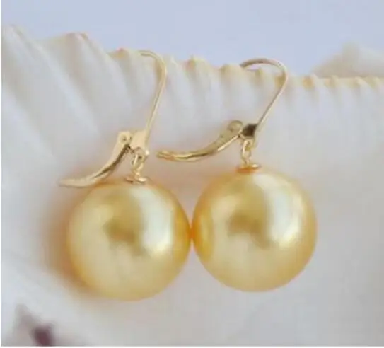 

gorgeous AAA9-10MM ROUND SOUTH SEA GOLD PEARL EARRING14K free shipping