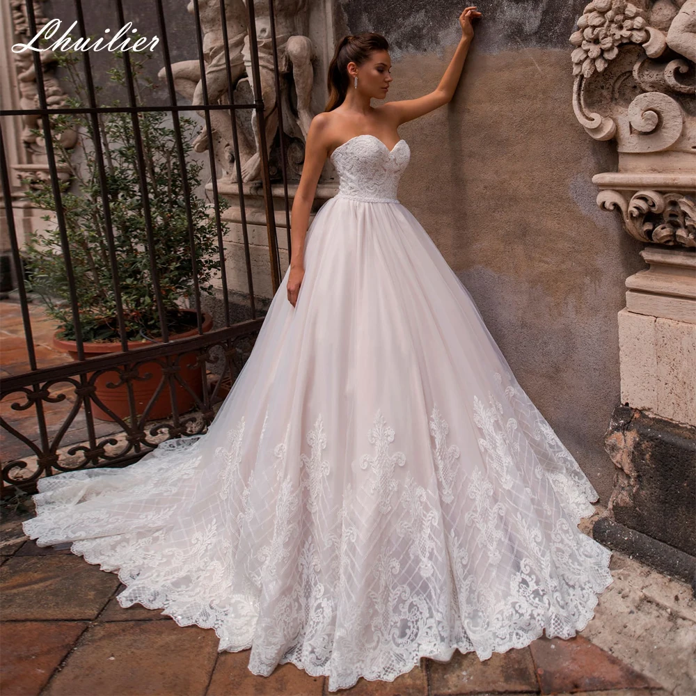 Lhuilier A Line Strapless Lace Appliques Wedding Dresses Beaded Floor Length Bridal Gowns with Removable Lace Jacket