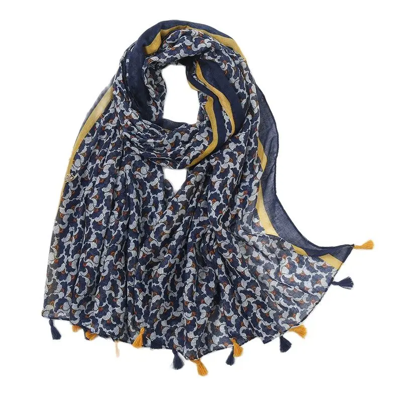 2024 Spain Luxury Brand Navy Blue Lovely Floral Tassel Viscose Shawl Scarf Lady High Quality Wrap Headband Bufandas Muslim Hijab